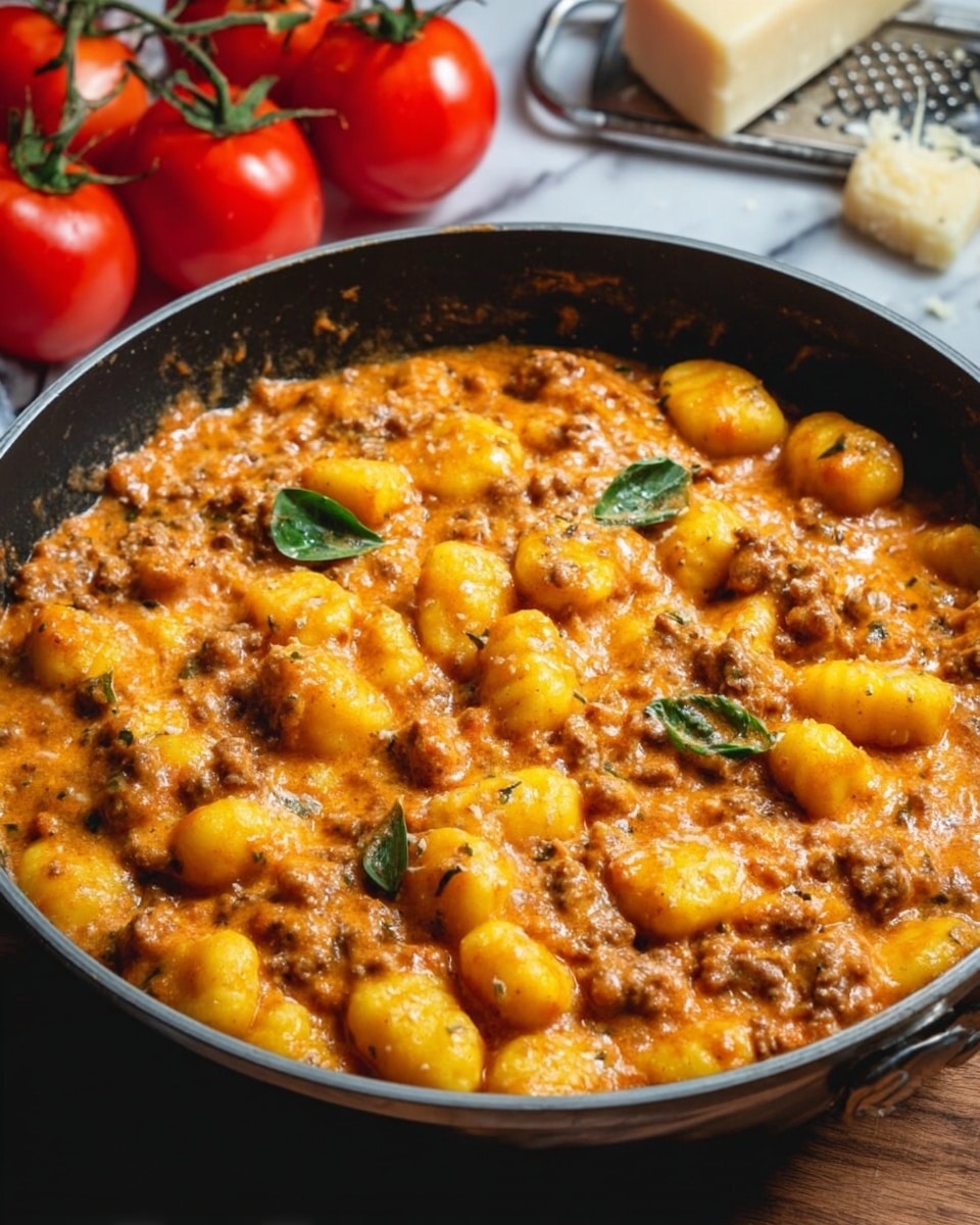 A black bowl filled with creamy orange gnocchi in a thick sauce mixed with ground meat and small green basil leaves scattered on top. The gnocchi are soft and plump, coated well in the sauce which has a smooth, slightly chunky texture from the meat. The bowl is placed on a wooden surface with chunks of pale yellow cheese and a small metal grater nearby, along with a cluster of red tomatoes on the vine and fresh green basil leaves for garnish. A pink cloth with black edges lies partially under the bowl. Photo taken with an iphone --ar 4:5 --v 7