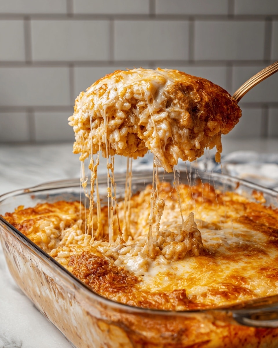 A close-up view of a large scoop of baked cheesy rice being lifted out of a clear glass rectangular dish. The dish is full of a thick, golden-brown bubbly cheese layer on top, with melted, stretchy cheese strands hanging between the scoop and the dish. The rice inside is creamy and mixed with sauce, showing an orange-brown color beneath the cheese. The background is a white marbled surface with a tiled grey backsplash. photo taken with an iphone --ar 4:5 --v 7