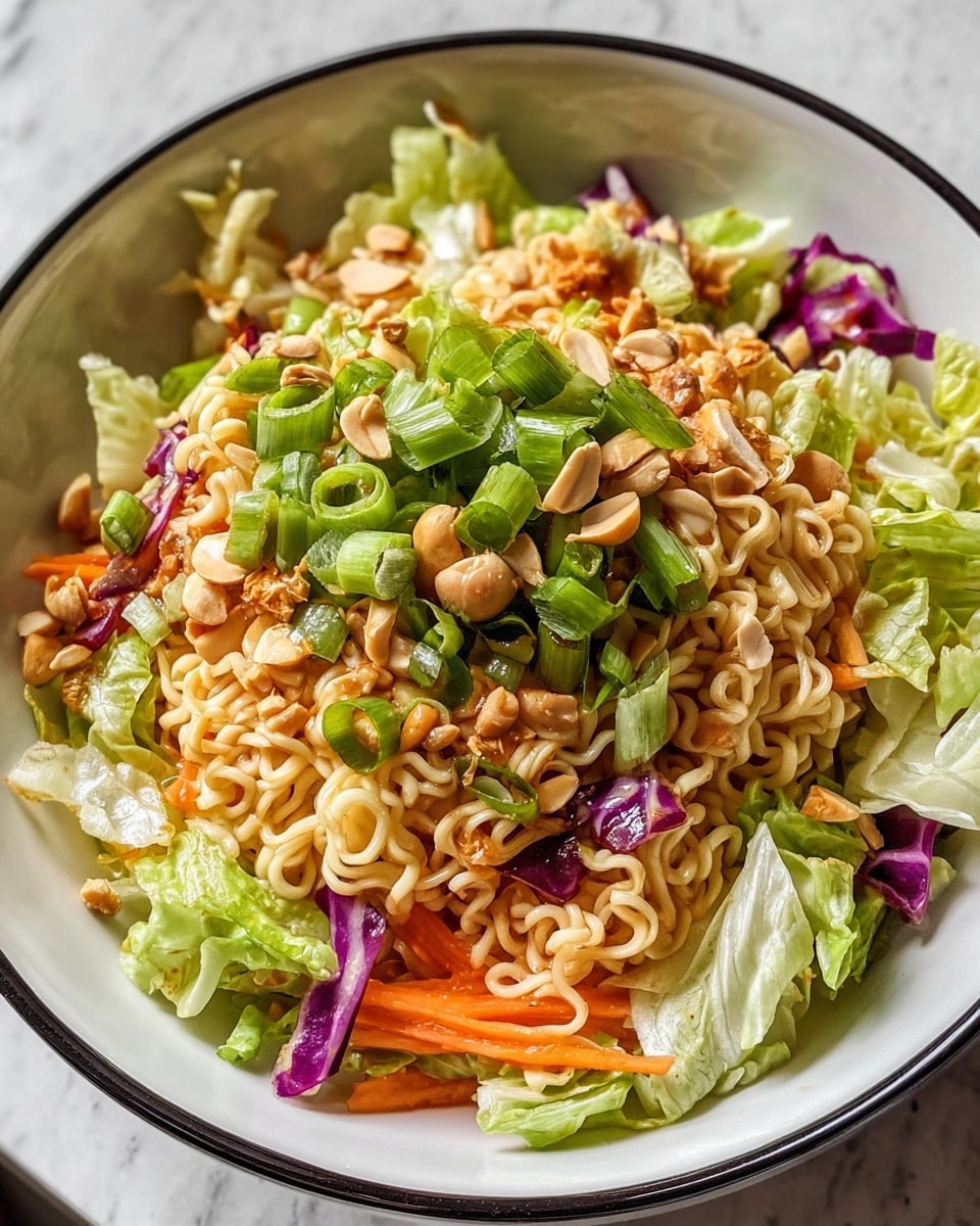 A large gray bowl filled with a colorful noodle salad, showing a base layer of light brown curly noodles mixed with thin slices of orange carrot strips and bright green edamame beans. There are also scattered pieces of scrambled egg in light yellow, along with chunks of pale green avocado and thin slices of purple cabbage. The top is garnished with fresh green cilantro leaves and sprinkled white sesame seeds, all set on a white marbled surface. Photo taken with an iphone --ar 4:5 --v 7