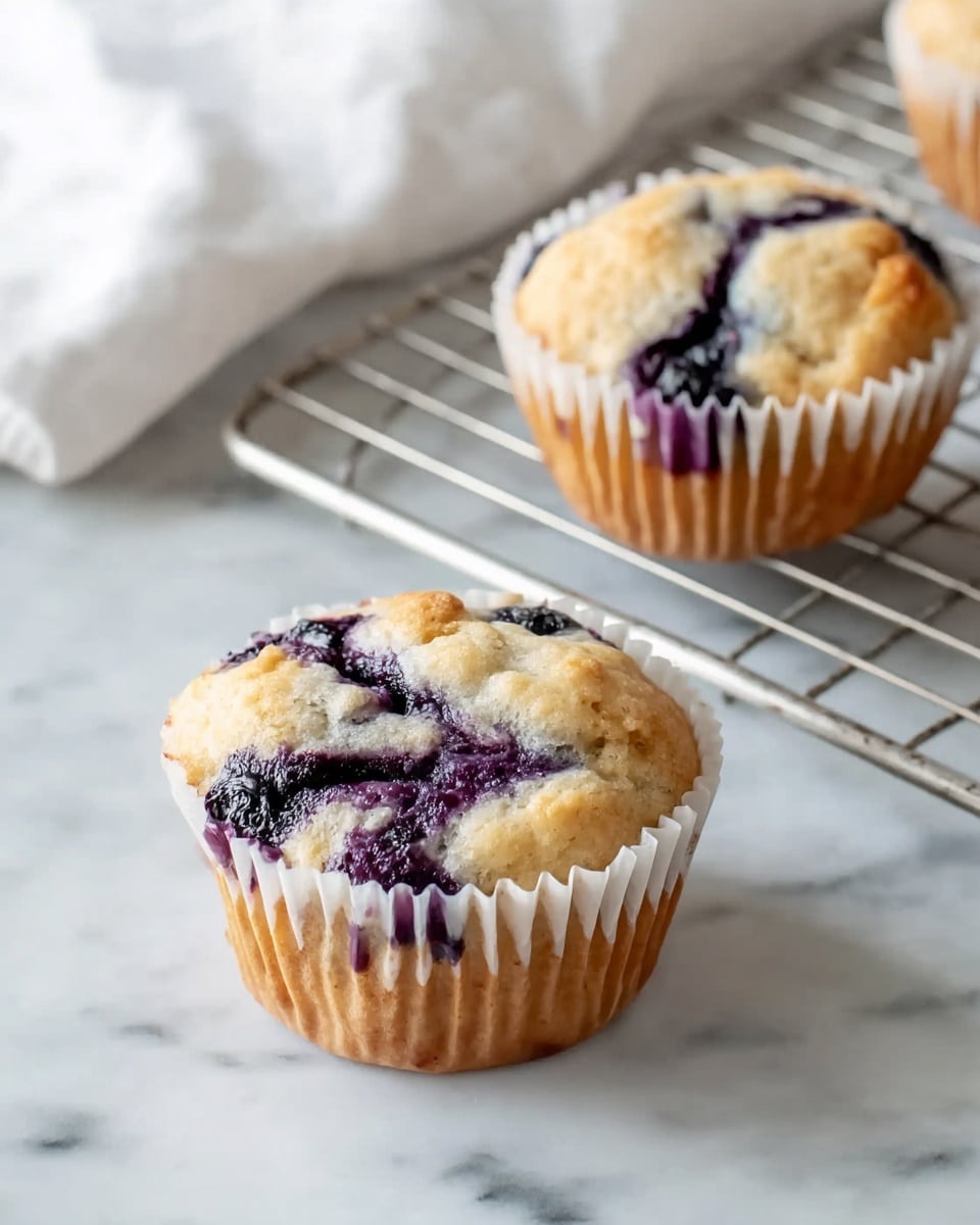 Four blueberry muffins are shown cooling on a silver wire rack placed on a white marbled surface. Each muffin is in a white paper cup and has a golden brown top with visible dark purple blueberries baked inside and on the surface. The muffins appear soft and slightly cracked on top, revealing their moist texture. In the blurred background, there is a soft white cloth and a round, white bowl. The image is softly lit with a clean, bright feel. photo taken with an iphone --ar 4:5 --v 7