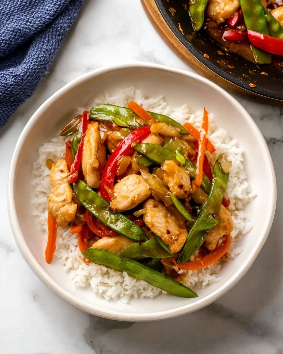 A white bowl filled with a base layer of white cooked rice, topped with a colorful stir-fry mix featuring several pieces of light brown cooked chicken, vibrant green snap peas, bright red bell pepper strips, and thin orange carrot sticks. The stir-fry ingredients are glossy with sauce and arranged evenly over the rice. The bowl is placed on a white marbled surface, with part of a dark pan containing more stir-fry visible in the top right corner. A glimpse of a blue cloth is seen in the upper left background. Photo taken with an iphone --ar 4:5 --v 7