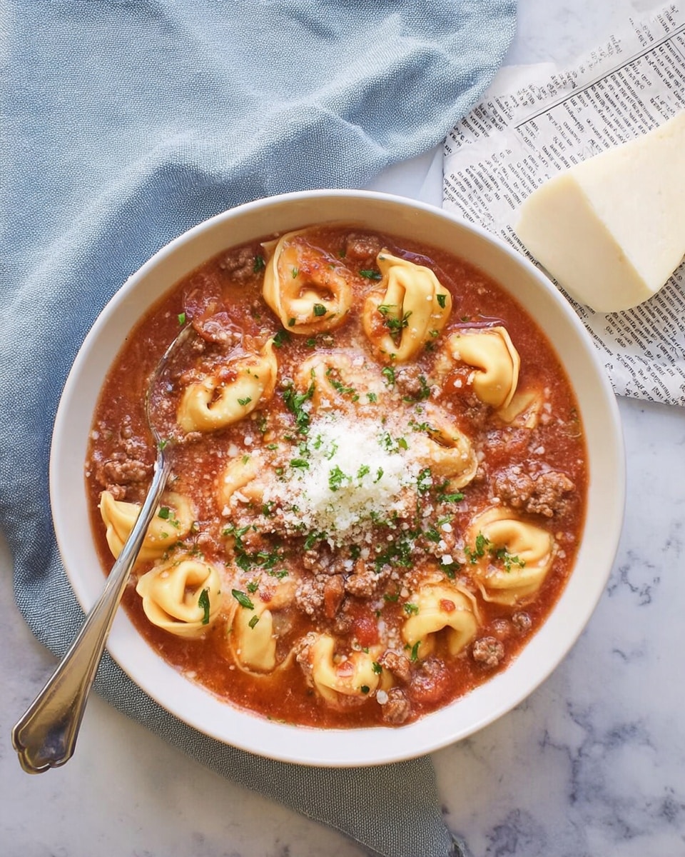 A white bowl filled with tortellini pasta in a thick red tomato sauce with ground meat pieces. The tortellini are light yellow with folds visible, floating in the sauce. On top, there is a small mound of finely grated white cheese sprinkled with chopped green herbs. A silver spoon rests inside the bowl on the left side. To the right, there is a white block of cheese wrapped in printed paper on a light blue cloth. The background is a white marbled texture. photo taken with an iphone --ar 4:5 --v 7