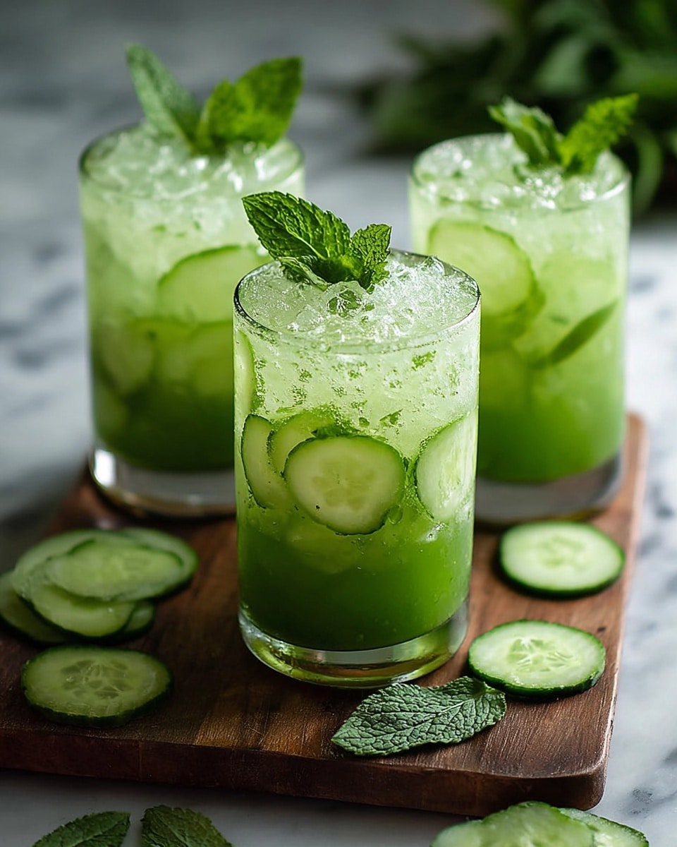 Three clear glasses filled with a green cucumber drink sit on a wooden board. Each glass has three layers: the bottom layer is a thick green liquid, the middle layer shows clear slices of cucumber pressed against the glass, and the top layer is crushed ice with small bubbles. A fresh, bright green mint leaf crowns each glass. Around the board, there are cut cucumber slices and scattered mint leaves on a white marbled surface. Photo taken with an iphone --ar 4:5 --v 7