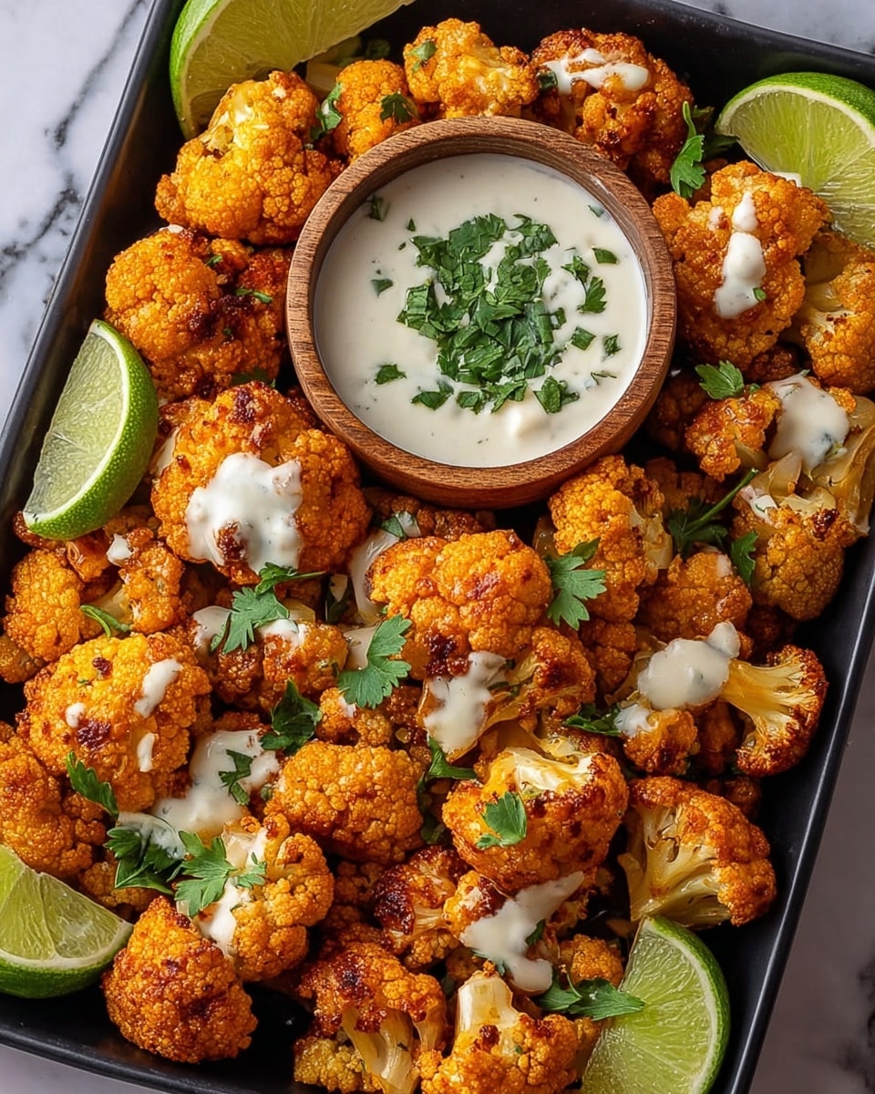 A black tray filled with two layers of crispy spicy fried cauliflower pieces, each piece golden brown with textured, crunchy surfaces. Scattered fresh green parsley leaves add a pop of color among the cauliflower. Dollops of white creamy sauce are lightly drizzled over several pieces. Three lime halves and three lime wedges with bright green skin and juicy inner sections sit around the edges of the tray. In the center, a small wooden bowl holds a smooth, white dipping sauce topped with chopped parsley. The whole arrangement is set on a white marbled surface. photo taken with an iphone --ar 4:5 --v 7