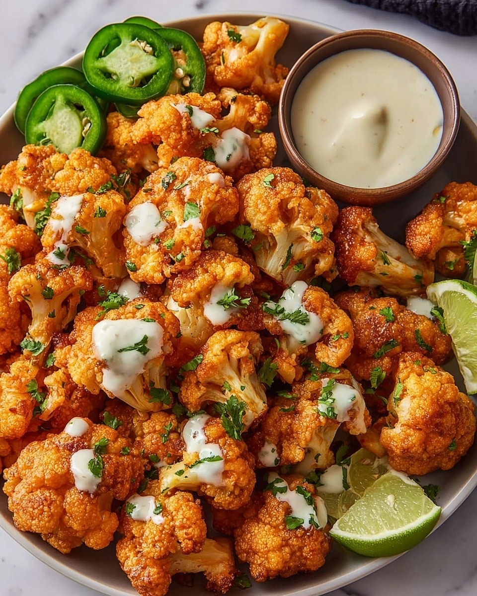 The image shows a white plate filled with about twenty deep-fried cauliflower florets that are golden orange and crunchy textured. Small dollops of white sauce are drizzled across several florets, and tiny green herb pieces are sprinkled over the top. Around the edges of the plate, there are slices of fresh green jalapeños and a wedge of lime with a light green interior and slightly darker rind. In the top-right corner, a small brown bowl filled with smooth, white dipping sauce sits partially on the plate. All items are set on a white marbled textured surface. photo taken with an iphone --ar 4:5 --v 7