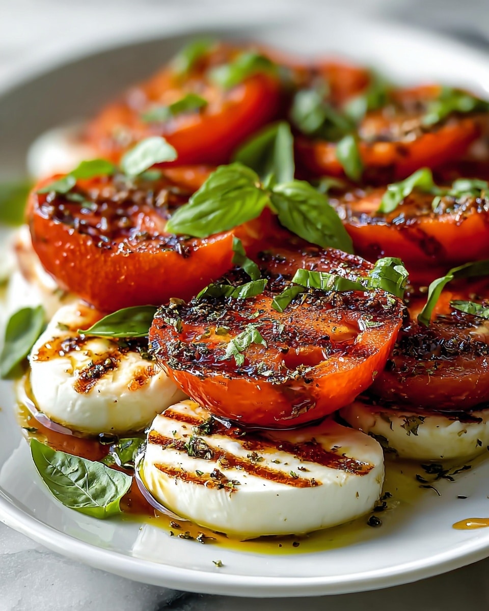 The dish is arranged on a white plate placed on a white marbled surface. It has two main layers: the bottom layer consists of round, white grilled cheese slices with light brown grill marks, and the top layer features thick, halved grilled tomatoes with dark grill lines and a shiny glaze. Fresh green basil leaves are scattered on top and around the tomatoes and cheese, with a light drizzle of olive oil and a sprinkle of black pepper and herbs adding texture and color contrast. The overall look is vibrant with red, white, and green colors. photo taken with an iphone --ar 4:5 --v 7