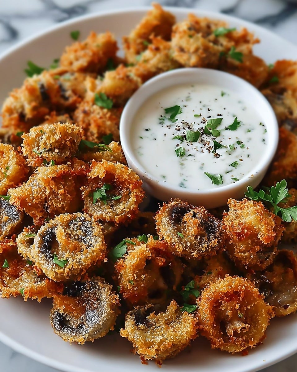 The image shows a white plate filled with many small, crispy fried mushrooms. Each mushroom is coated in a golden brown crumb, with a rough texture and slightly darker spots where they are more fried. Green parsley pieces are sprinkled lightly on top of the mushrooms for color. In the back right side of the plate, there is a small white bowl filled with creamy white dipping sauce that is topped with chopped green herbs and a few black pepper specks. The background is a white marbled texture. photo taken with an iphone --ar 4:5 --v 7