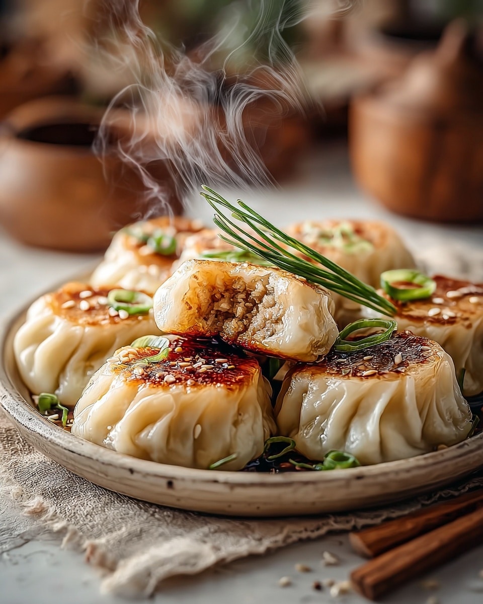The image shows a round deep white plate filled with a pile of seven pan-fried dumplings, with one dumpling broken open on top to show a light brown, textured filling inside. Each dumpling has a crisp, golden brown bottom layer, while the upper layer is soft and pale whitish with distinct pleats. Thinly sliced green onions and small sesame seeds are sprinkled on the dumplings as garnish, and a small bunch of fresh green chives lies on top. Light steam rises from the hot dumplings, adding a freshly cooked feel. The plate sits on a light beige cloth on a white marbled surface, with blurred wooden objects in the background. Photo taken with an iphone --ar 4:5 --v 7
