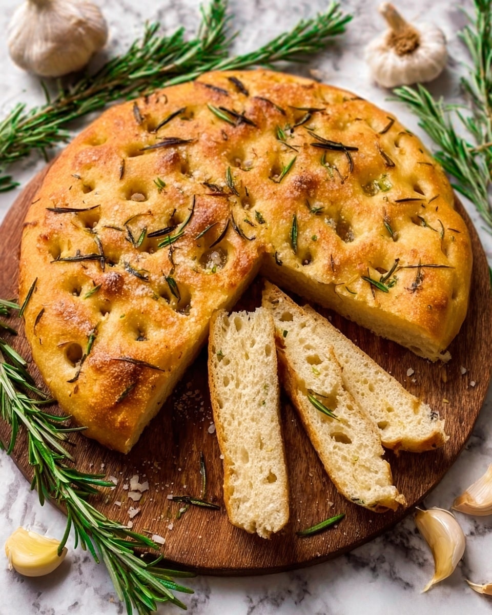 The image shows a round focaccia bread on a wooden board. The bread is golden brown with a slightly crispy crust and has small dimples on the surface filled with olive oil. It is topped with fresh green rosemary sprigs and sprinkled with coarse salt. The focaccia is sliced into three pieces, with the soft, airy inside crust visible, showing a light pale color and small holes. Around the bread, there are fresh sprigs of rosemary and whole garlic cloves placed on a white marbled surface. Photo taken with an iphone --ar 4:5 --v 7