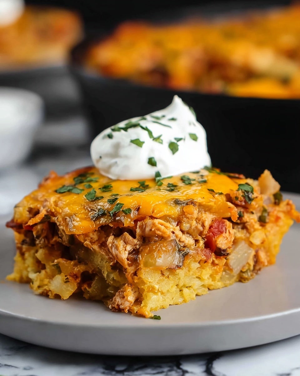 A thick slice of a layered casserole sits on a white plate, showing three main layers: the bottom layer is a soft, golden base with a slightly crumbly texture; the middle layer is mixed with diced pieces of cooked chicken, onions, and small bits of green herbs, creating a moist and chunky look; the top layer is covered in melted orange-yellow cheese that has a smooth and slightly browned texture, speckled with freshly chopped herbs. A large dollop of white creamy sour cream sits on top, adding a smooth contrast in color and texture. The plate is on a white marbled surface with a blurred background of a black dish holding more casserole pieces. photo taken with an iphone --ar 4:5 --v 7