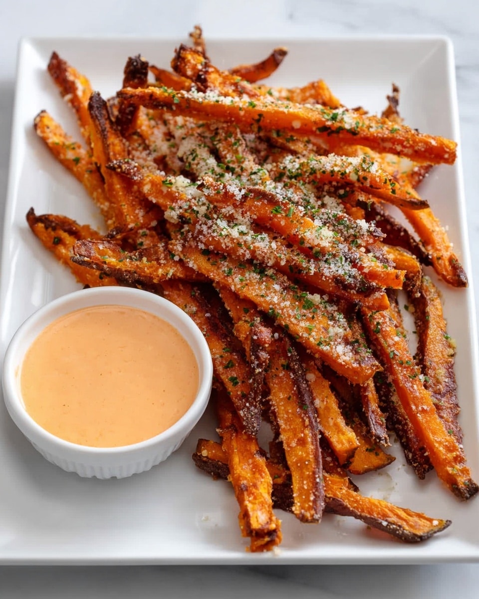 A rectangular white plate holds a pile of golden-brown sweet potato fries that look crispy with some darker charred edges. The fries are sprinkled with green herbs and grated cheese bits, adding texture and color contrast. On the left side of the plate, a small white bowl contains a creamy, light orange sauce, perfect for dipping. The plate is set on a white marbled surface, with even lighting that highlights the fries' crispiness and the sauce’s smooth texture. photo taken with an iphone --ar 4:5 --v 7