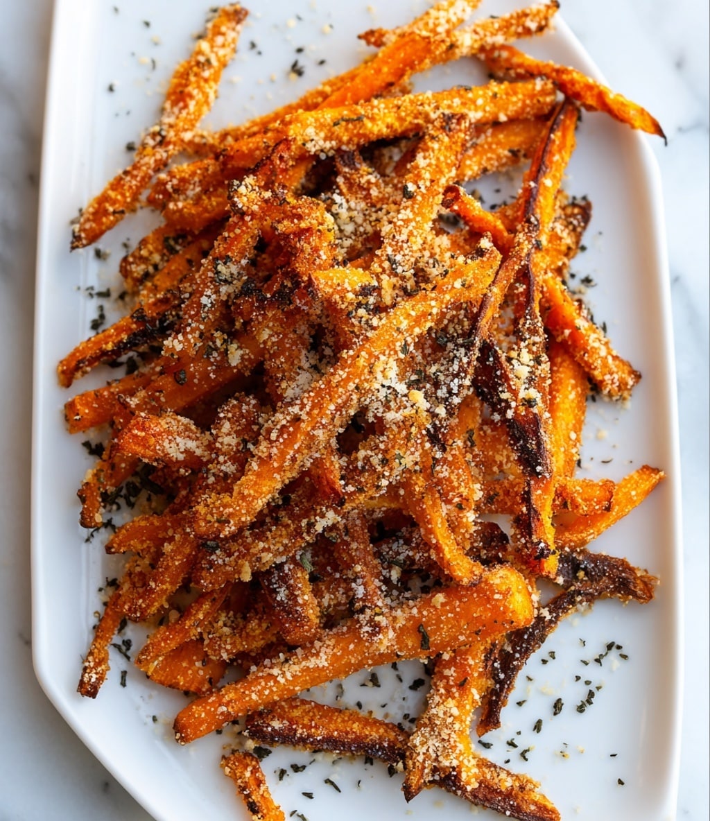 A white rectangular plate sits on a white marbled surface piled high with crispy carrot fries that have a golden-orange color with some edges showing a darker, slightly charred brown. The fries are thin and irregular in shape, coated with a granular texture of garlic and grated parmesan, visible as specks of white and light brown scattered unevenly across the carrot sticks. Some blackish herb flakes are sprinkled on and around the fries. The overall look is crunchy and well-cooked with an inviting rustic finish. Photo taken with an iphone --ar 4:5 --v 7