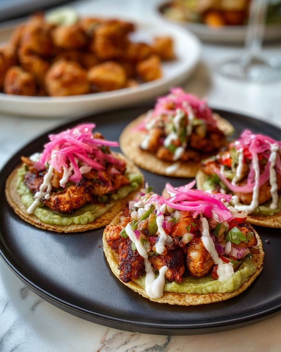 Three small round toasted tortillas are placed on a black plate, each topped with several layers. The bottom layer on each tortilla is a green spread that looks creamy and smooth. Above this is a layer of grilled or fried chicken pieces, deep golden brown with a slightly crispy texture. On top of the chicken, there is a layer of mixed diced red and green vegetables, likely fresh salsa, adding bright colors. Thin strips of pickled pink onions are placed over the vegetables. A thick white drizzle, resembling sour cream or crema, is artistically swirled over the taco stack. The plate rests on a white marbled surface, and in the background, there is a blurred, white plate filled with many seasoned small fried items. photo taken with an iphone --ar 4:5 --v 7
