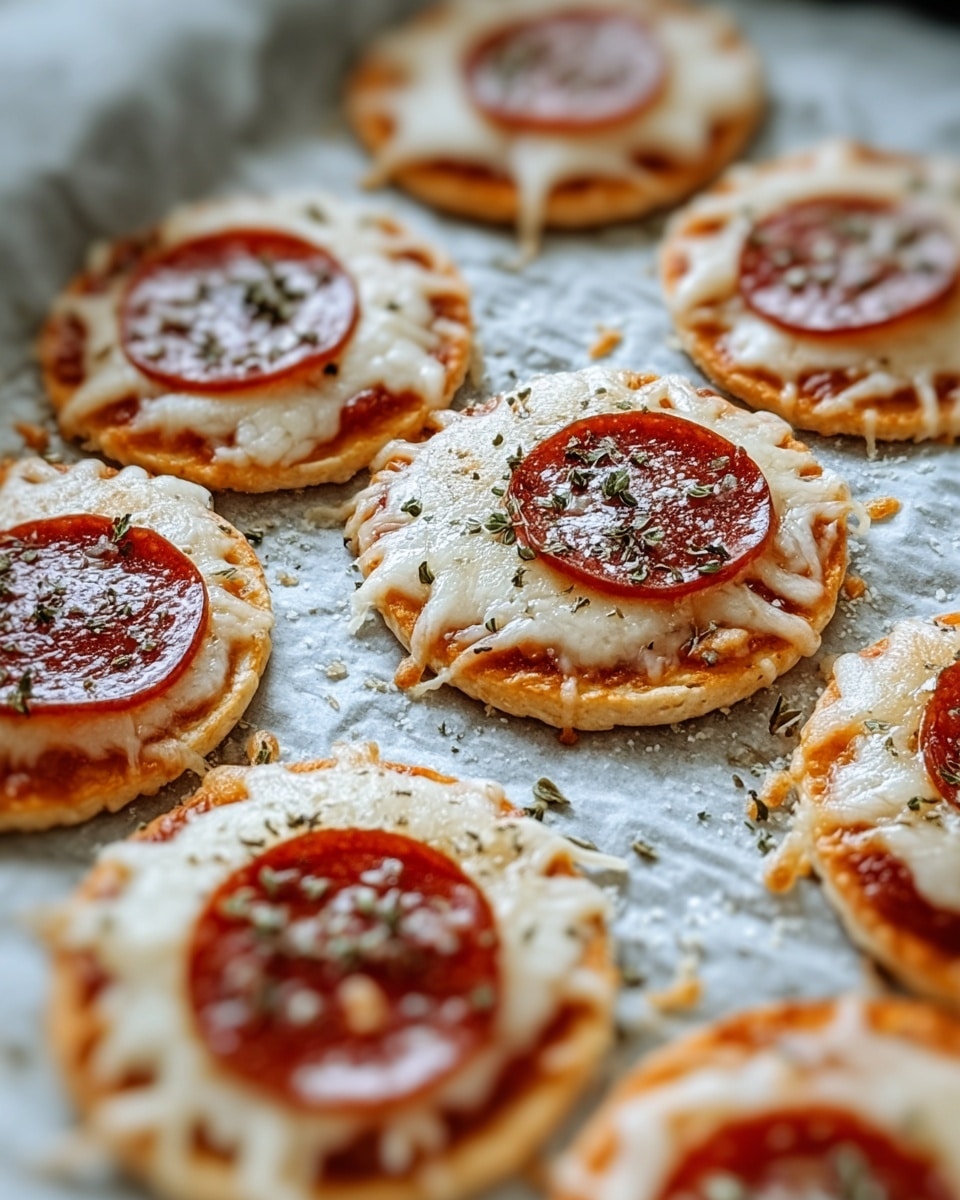 The image shows several small round mini pizzas arranged closely on parchment paper with a white marbled texture underneath. Each pizza has three visible layers: a thin light brown crust forming the base, a layer of melted white cheese with a slightly bubbly and soft texture, and a single slice of bright red pepperoni on top. Some pizzas are sprinkled with small green dried herb flakes and a light dusting of white grated cheese or seasoning, giving a slightly textured look. The pizzas have a golden, slightly toasted edge, and the pepperoni slices have tiny yellowish spots that add depth. The focus is on the foreground, where the details of the toppings and crust are clear, while the background pizzas are softly blurred. photo taken with an iphone --ar 4:5 --v 7