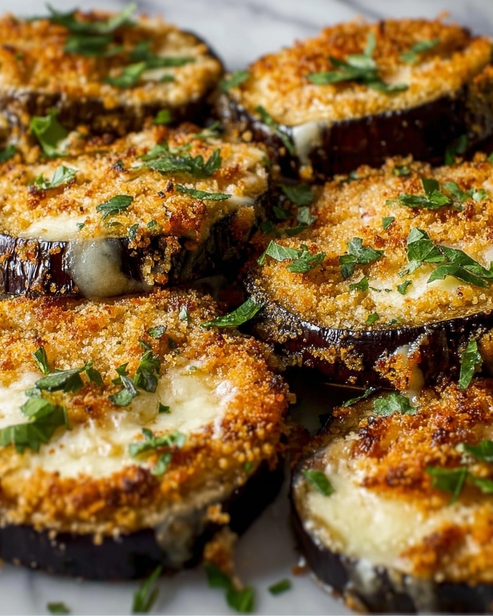 The image shows several round, thick slices of eggplant layered with melted cheese on top. Each slice has a golden brown crust from baked breadcrumbs, giving a crispy texture. The eggplant skin is deep purple, framing the softer pale inside with white and light yellow melted cheese in the middle. Small green parsley leaves are sprinkled over the top adding a fresh and colorful touch. The slices are placed closely together on a white marbled surface, highlighting the rich colors and textures of the dish. Photo taken with an iphone --ar 4:5 --v 7