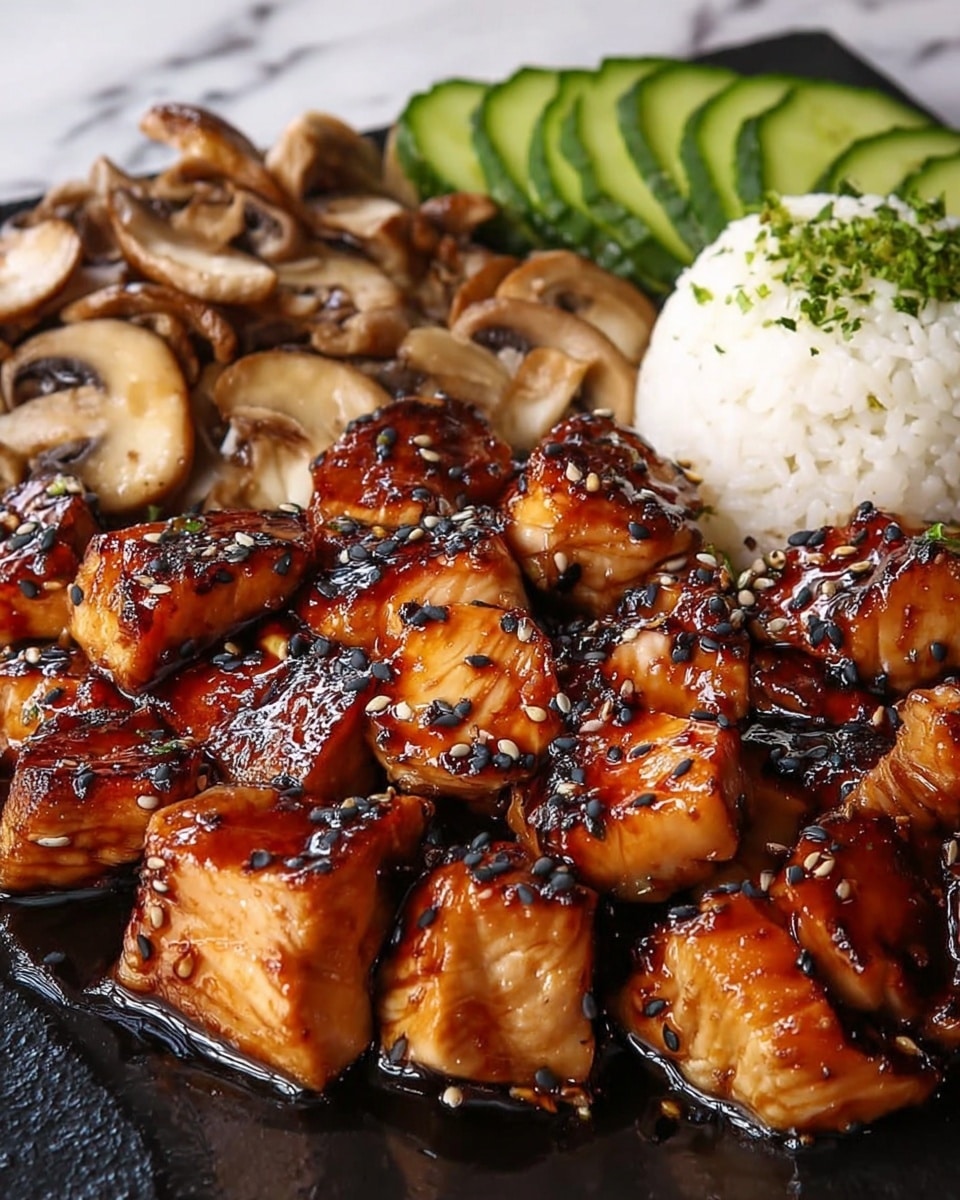 The image shows a close-up of a black plate filled with glazed teriyaki chicken pieces, arranged in the front and center with a shiny, sticky brown sauce and black sesame seeds on top. Behind the chicken, there is a layer of light brown cooked mushrooms on the left side, followed by a row of green cucumber slices in the middle, and a small mound of white sticky rice sprinkled with green herbs on the right side. The background has a white marbled texture surface. photo taken with an iphone --ar 4:5 --v 7