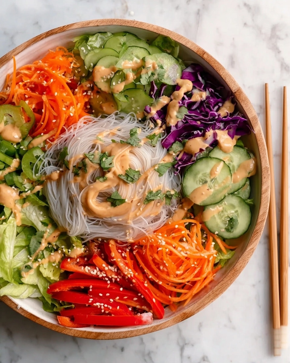 A colorful bowl of fresh salad arranged in a white bowl with a wooden rim on a white marbled surface, featuring six distinct layers: thin white rice noodles in the middle, topped with light brown creamy dressing and green chopped herbs; surrounding the noodles in clockwise order are bright green sliced cucumbers, red and orange bell pepper strips, green leafy lettuce under more cucumber slices, shredded orange carrots with sesame seeds, and finely shredded purple cabbage, all drizzled with the same dressing. On the right side of the bowl, wooden chopsticks rest lightly on the edge. photo taken with an iphone --ar 4:5 --v 7