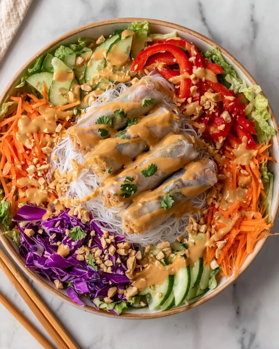 A round white bowl holds a vibrant, colorful salad with multiple layers arranged in a ring. The outer layer consists of green leafy lettuce, bright orange shredded carrots, vivid red sliced bell peppers, crisp green cucumber slices, and deep purple shredded cabbage, all placed around the bowl. Inside this ring, there is a neat mound of white rice noodles in the center. On top of the noodles are three translucent spring rolls with visible fillings, garnished with small green herbs. Light brown peanut sauce is drizzled generously across all layers, and crushed peanuts are sprinkled over the entire dish. The bowl sits on a white marbled surface with wooden chopsticks nearby. Photo taken with an iphone --ar 4:5 --v 7