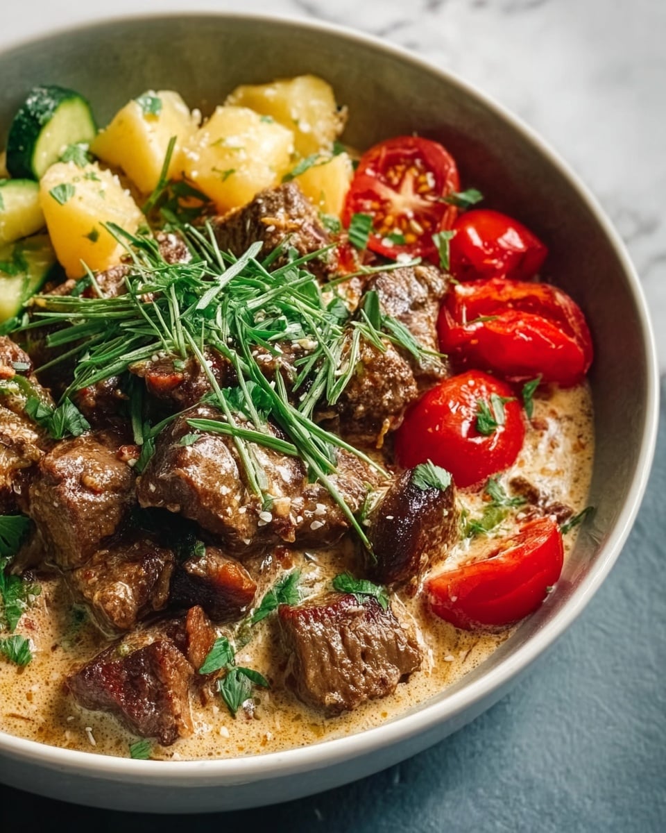 A close-up of a white bowl filled with several layers of food. The bottom layer has light creamy sauce with light brown spices spread evenly. On top of that, chunks of brown cooked meat are piled in the center, covered with thin strips of fresh green herbs. Around the meat, there are bright red cherry tomato halves and light yellow cooked potatoes scattered next to small pieces of light green cucumber. The overall texture looks rich and juicy, with a mix of smooth sauce, tender meat, and fresh vegetables. The bowl rests on a white marbled surface. photo taken with an iphone --ar 4:5 --v 7