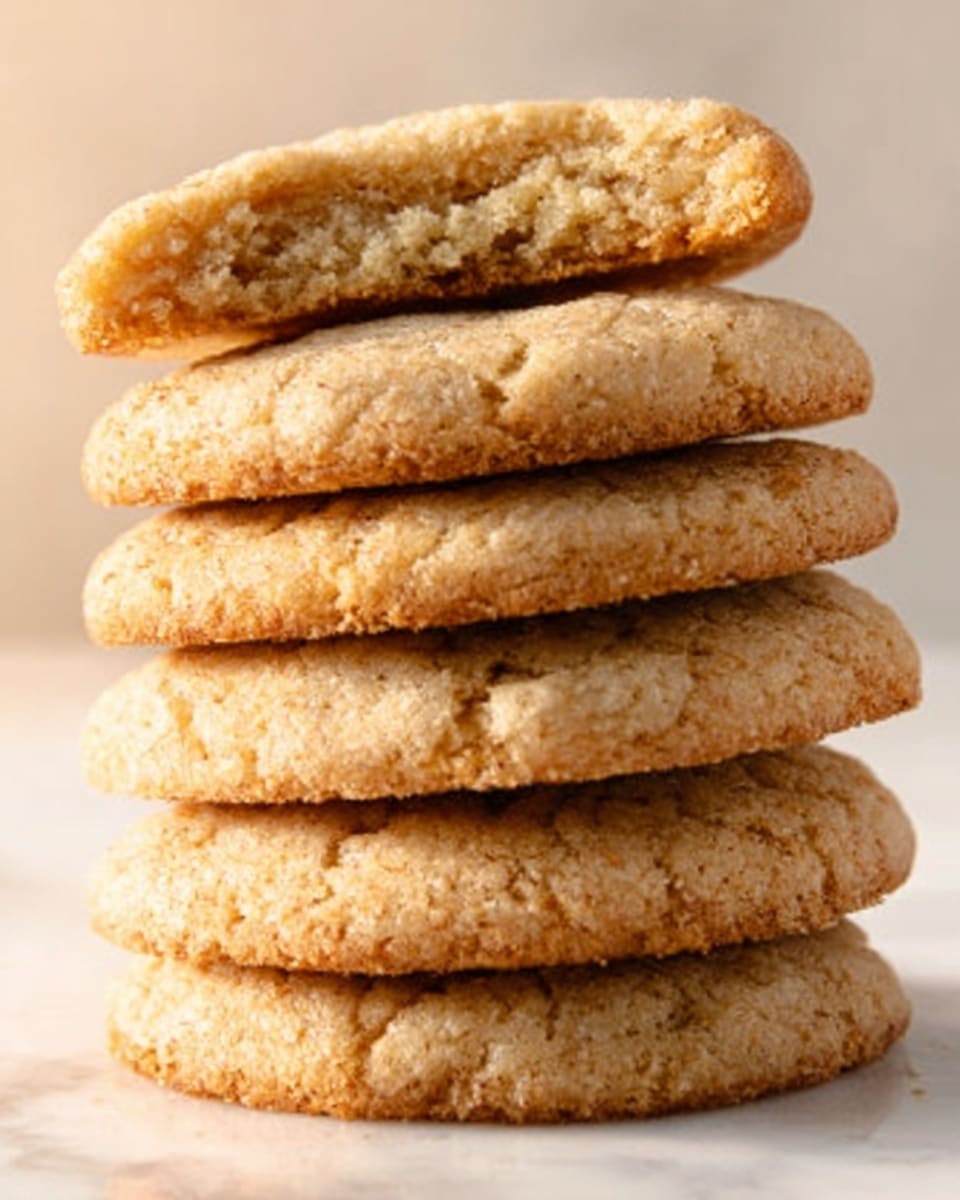 A stack of six golden brown cookies is shown, each cookie thick and slightly textured with a crumbly surface. The top cookie is broken in half, revealing a soft and chewy inside with a light beige color. The cookies rest on a white marbled surface, and the light falls gently from the side, highlighting the warm tones and crumb details. photo taken with an iphone --ar 4:5 --v 7