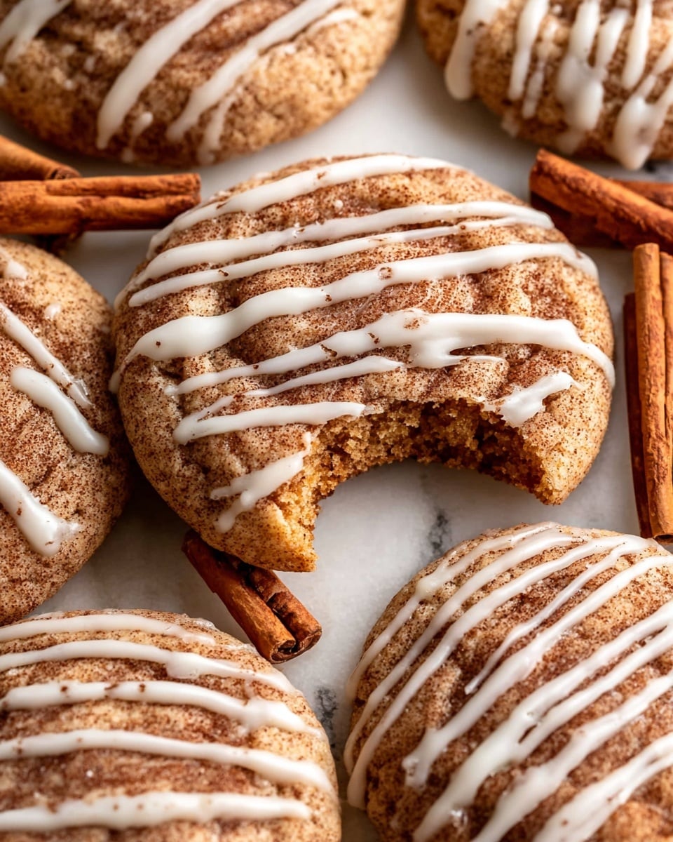 A close-up image of multiple round cookies lying flat on a white marbled surface, each cookie is light brown with darker brown swirls on top and a soft, slightly cracked texture. All the cookies are drizzled with thin, white icing lines running vertically across the surface. Cinnamon sticks are placed near the top right corner, adding a warm brown contrast beside the cookies. photo taken with an iphone --ar 4:5 --v 7