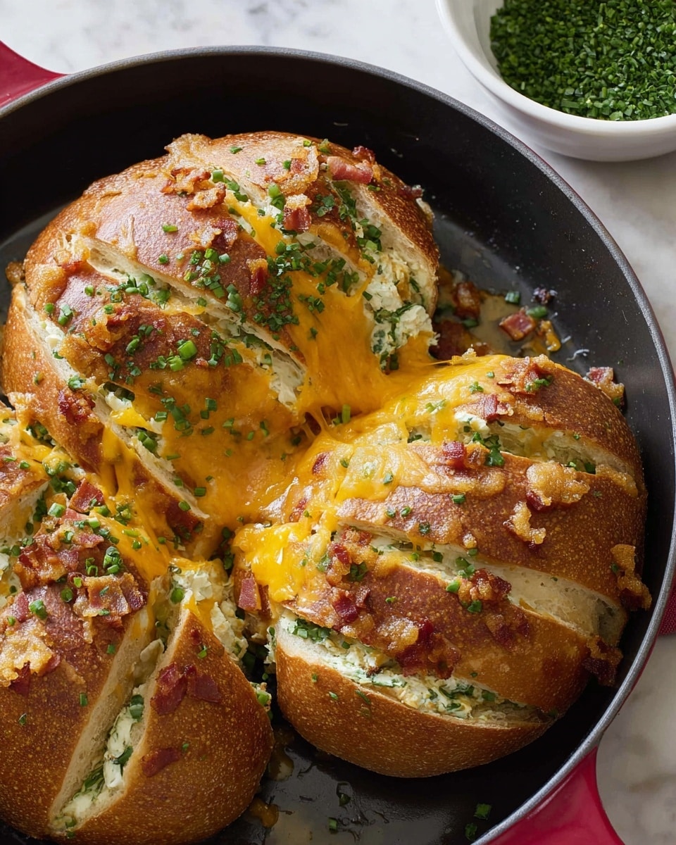 The image shows three round bread loaves in a black skillet with a red rim, each loaf sliced in a crisscross pattern and filled with a creamy white cheese mix that has green herbs inside. The loaves are topped with melted bright orange cheddar cheese that drips slightly over the sides, sprinkled with bits of red bacon and green herb pieces. The crust of the bread is golden brown and textured, contrasting with the smooth, gooey cheese filling and melted cheese on top. In the background, there is a white bowl filled with finely chopped green herbs, all set on a white marbled surface. photo taken with an iphone --ar 4:5 --v 7