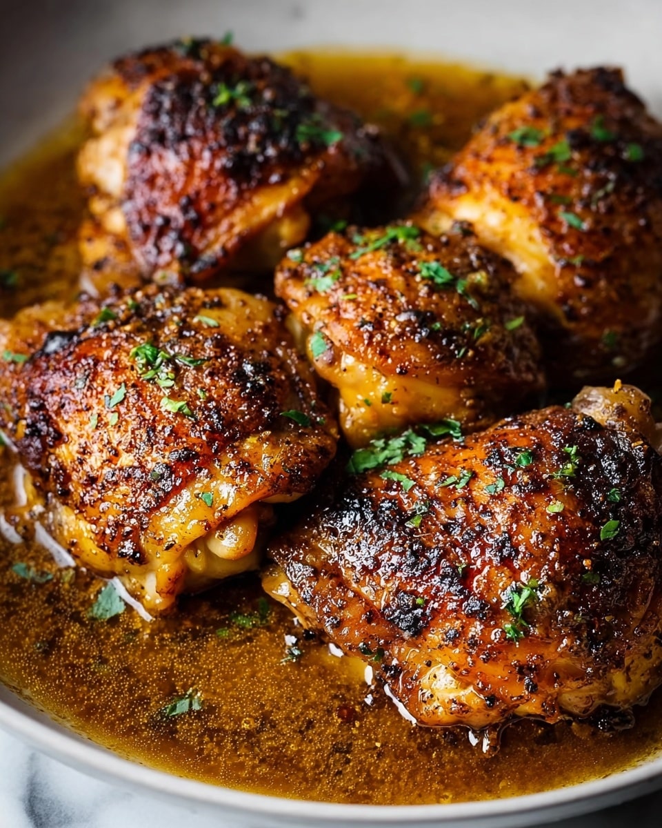 The image shows several pieces of golden brown chicken thighs with crispy, charred skin, sitting in a shallow pool of rich, glistening brown sauce. Each chicken piece is sprinkled with small bits of fresh green herbs, adding a touch of color and freshness. The chicken skin has a textured, slightly rough surface due to the crispiness and seasoning, while the sauce underneath appears thick and glossy, pooling around the chicken and reflecting light. All of this is set against a white marbled texture surface. photo taken with an iphone --ar 4:5 --v 7