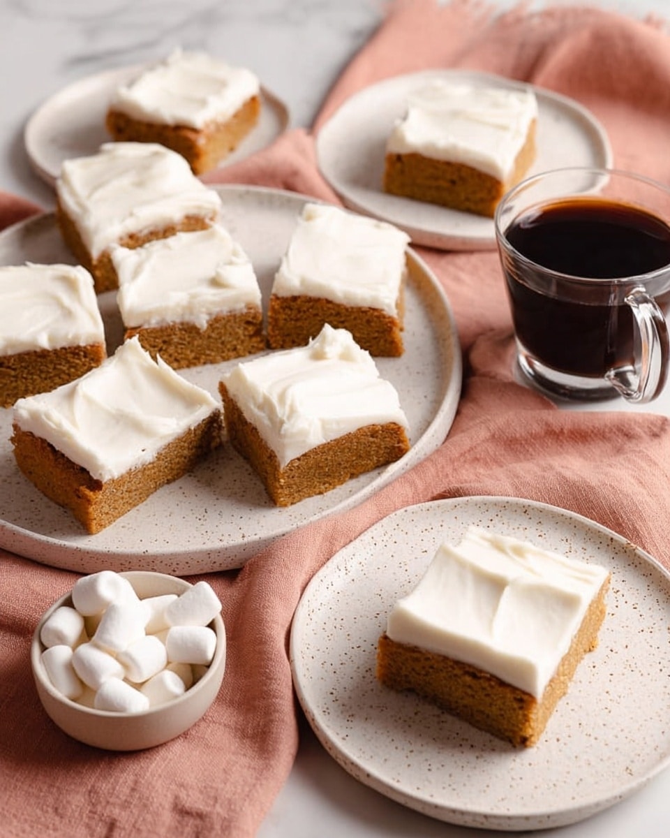 The image shows a large white speckled plate with eleven rectangular pieces of light brown cake topped with a thick layer of white frosting. Each piece looks soft and moist, with a smooth, slightly wavy frosting layer on top. Next to it is a smaller white speckled plate with three similar cake pieces. A cup of black coffee with a clear glass handle and a white bowl with small white marshmallows sit near the plates. The background has a soft pink cloth and a white marbled texture surface. photo taken with an iphone --ar 4:5 --v 7