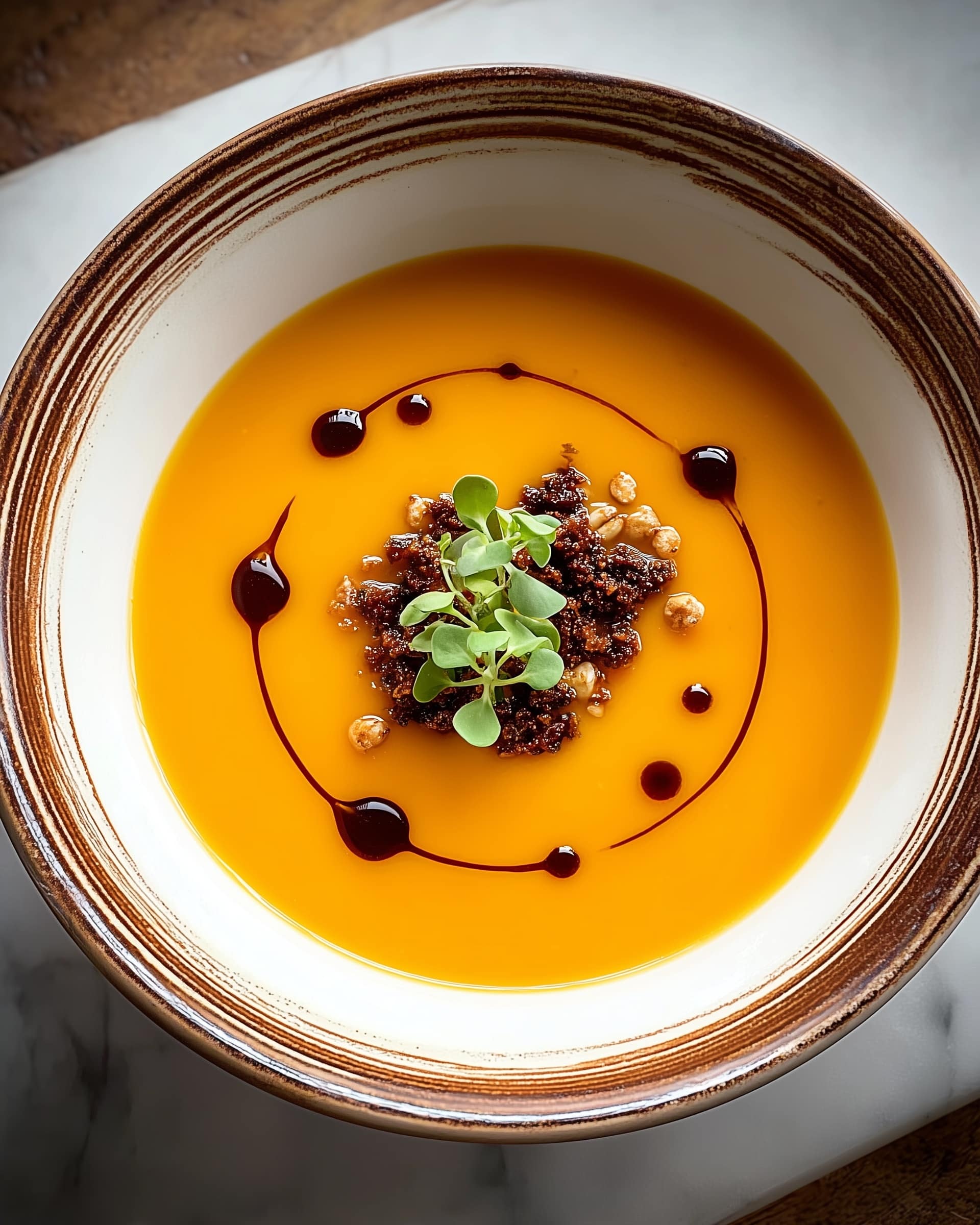 A deep white bowl with a rustic brown rim holds a smooth, bright orange soup, filled almost to the edge. In the center, there is a swirl of dark red-brown oil forming a loose circle with small drops around it. Inside the circle, there are scattered roasted seeds or small nuts in golden brown, dark crispy crumbs, and a sprig of fresh green herb with small leaves resting gently on top. The bowl is placed on a white marbled surface that subtly shows the texture beneath. photo taken with an iphone --ar 4:5 --v 7
