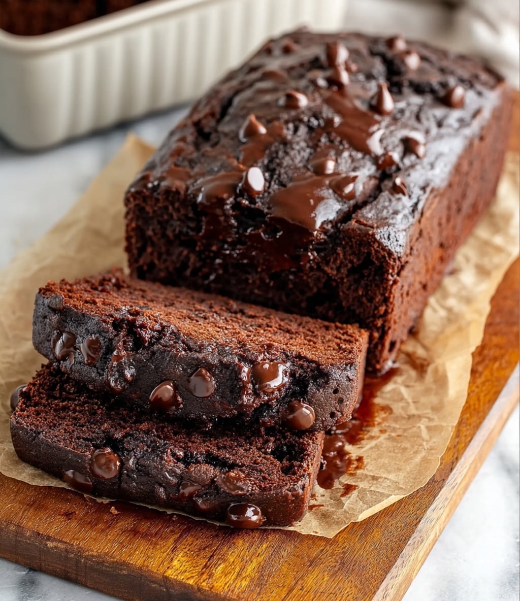 A loaf of dark chocolate fudge bread sits on a wooden cutting board lined with parchment paper, showing a cracked, shiny top sprinkled with melted chocolate chips. Two thick slices are cut and laid in front, revealing a moist and dense rich chocolate interior with visible melty chunks. In the background, a white baking pan holds more slices resting inside, all placed on a white marbled surface. photo taken with an iphone --ar 4:5 --v 7