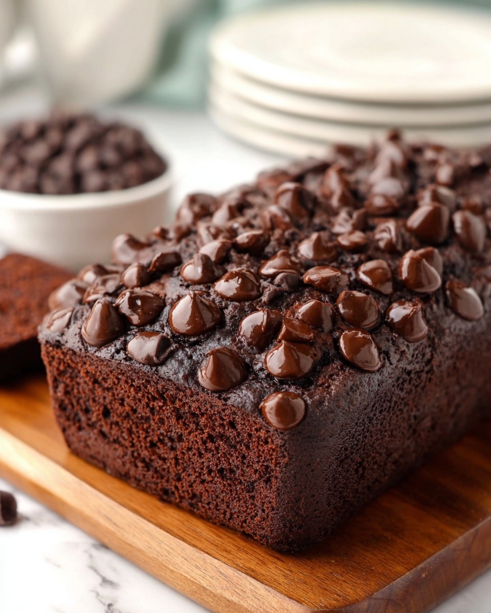 A thick, square chocolate brownie loaf sits on a wooden board, covered on the top with a dense layer of shiny, melted chocolate chips that are deep brown and slightly glossy, creating a rough textured surface. The brownie itself is dark brown, with a moist and soft appearance evident on the sides showing a consistent, dense crumb. A small white bowl filled with loose chocolate chips is blurred in the background, along with a stack of white plates, all set on a white marbled surface. photo taken with an iphone --ar 4:5 --v 7