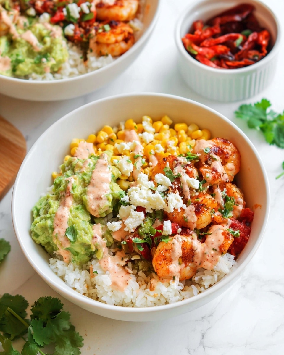 A white bowl sits on a white marbled surface, filled with a base layer of white rice. On top of the rice, there are several layers: bright orange grilled shrimp coated lightly with a creamy pink sauce, a heap of yellow corn kernels, a dollop of green guacamole, and some grilled red and green bell peppers mixed with chopped cilantro. The bowl is garnished with small white cheese crumbles scattered on top. In the background, another white bowl with a similar dish is partially visible alongside a small white ramekin filled with red roasted peppers or tomatoes. Fresh cilantro leaves are also scattered around the scene. Photo taken with an iphone --ar 4:5 --v 7