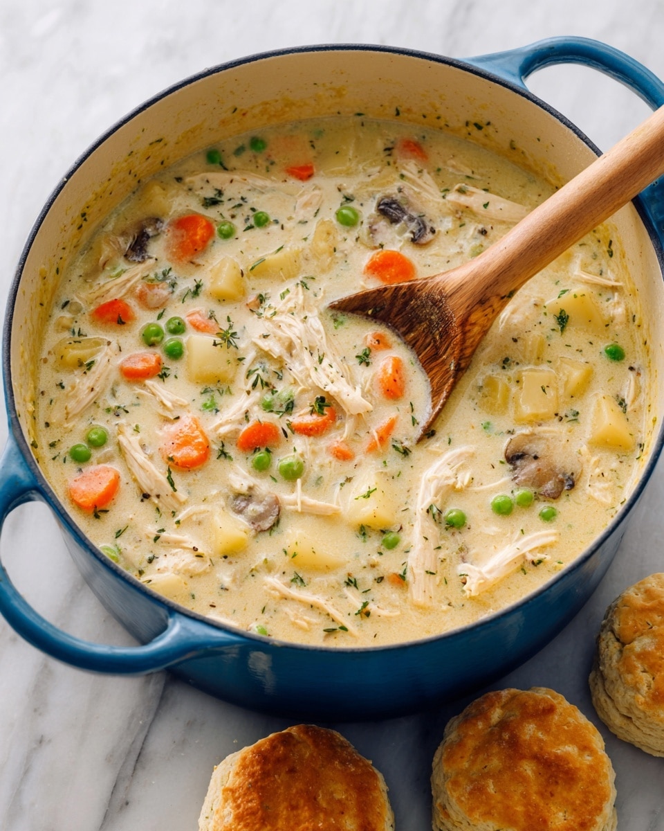 A large blue pot filled with thick creamy chicken and vegetable soup, showing shredded white chicken pieces, small round green peas, diced orange carrots, light yellow potato cubes, and sliced brown mushrooms all mixed in the pale yellow creamy broth with visible herbs, a wooden spoon resting inside the pot stirring the soup on the right side, and four golden-brown biscuits placed around the pot on a white marbled surface photo taken with an iphone --ar 4:5 --v 7