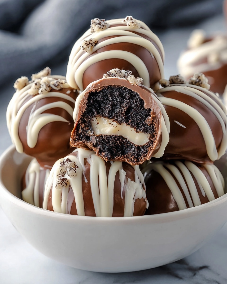 A close-up of several round chocolate balls stacked in a white bowl, each ball coated with smooth, shiny milk chocolate and topped with thick, irregular white chocolate drizzle in wavy lines. One chocolate ball is cut open to show a dense, crumbly dark cookie layer inside surrounded by a light, creamy filling beneath the chocolate coating. The balls have a rich, glossy texture with small cookie bits on top, set on a white marbled surface with a soft background blur. Photo taken with an iphone --ar 4:5 --v 7