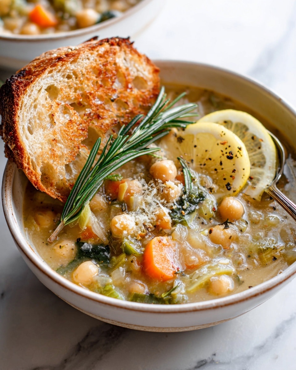 A white bowl filled with a thick, creamy soup that has visible layers of beige chickpeas, bright orange carrot slices, small bits of green leafy herbs, and translucent onions, all mixed in a pale, slightly chunky broth. On top, there is a large piece of crusty bread with a golden crust leaning against the side of the bowl. A fresh sprig of green rosemary rests across the bread, and a thin slice of lemon with tiny black pepper specks sits on the right side of the bowl. The bowl is placed on a white marbled surface, and a woman’s hand holding a spoon is partially visible on the right edge of the bowl. Photo taken with an iphone --ar 4:5 --v 7