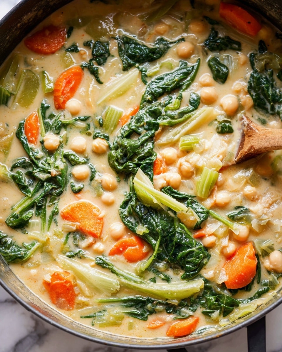 In a close-up view of a pot, a creamy soup is shown with a thick light beige broth mixed with soft, wilted green leaves, slices of bright orange carrots, plus beige chickpeas and white beans scattered evenly. The soup has a mixed texture of tender vegetables and smooth liquid, with a wooden spoon partially submerged on the right side stirring the ingredients. The background shows a white marbled texture photo taken with an iphone --ar 4:5 --v 7