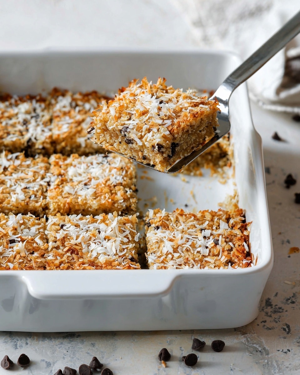 The image shows a white baking dish filled with four square bars that have a light tan, crispy top layer covered evenly with shredded toasted coconut flakes. A shiny silver spatula is lifting one piece from the front left side, showing the thick crunchy top with a toasted texture and some browning at the edges. The bars are neatly cut with clean edges, and some chocolate chips and extra coconut flakes are scattered around the dish on a white marbled surface in the background. Photo taken with an iphone --ar 4:5 --v 7