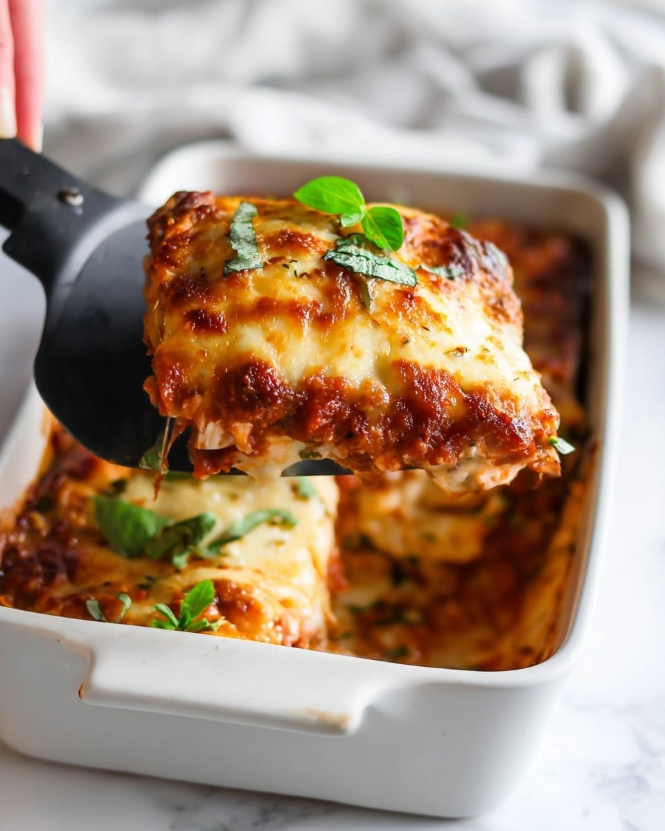 A close-up of a piece of lasagna being lifted from a white ceramic dish with a black spatula held by a woman's hand. The lasagna has three visible layers: a top melted, golden-brown cheese layer with bubbling, browned spots and some green basil leaves scattered on top; a middle layer of rich red tomato sauce with bits of herbs; and a bottom layer that shows some pasta and sauce peeking through. The white ceramic dish is placed on a white marbled surface, and the image has a soft, bright background. Photo taken with an iphone --ar 4:5 --v 7