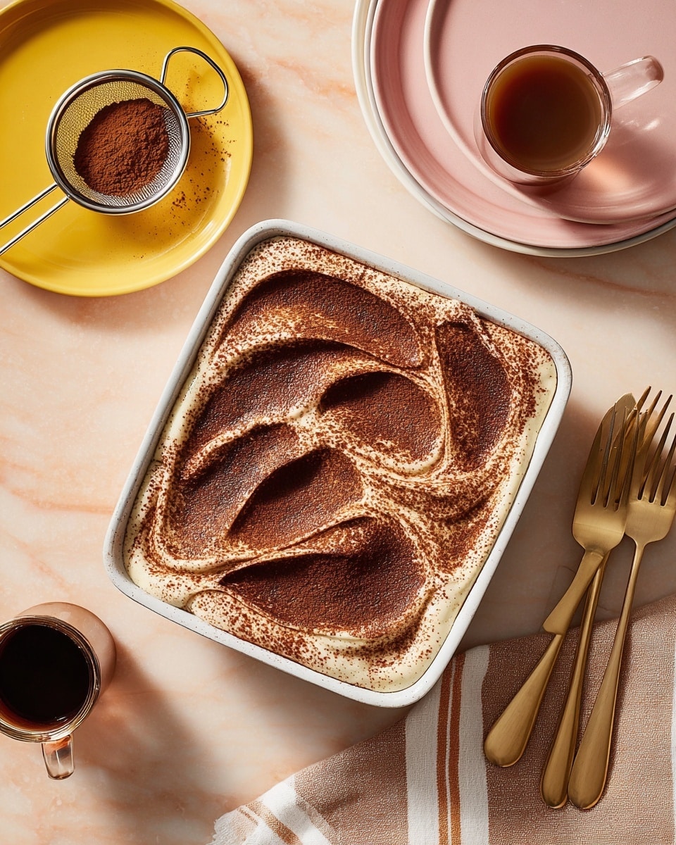 A white square dish holds a creamy dessert with a smooth, thick top layer dusted evenly with dark brown cocoa powder, gently swirled in places to create a textured pattern. The dish is placed on a soft peach-colored white marbled surface. To the upper left, there is a small yellow plate holding a metal sieve with some cocoa powder inside it. Above the dish, there is a clear glass cup filled with coffee. To the upper right of the dish, there is a stack of white plates in varying sizes with a pink plate on top, accompanied by gold-toned forks and knives resting on them. A folded striped cloth napkin in light brown and beige is placed below the right side of the dish. Photo taken with an iphone --ar 4:5 --v 7
