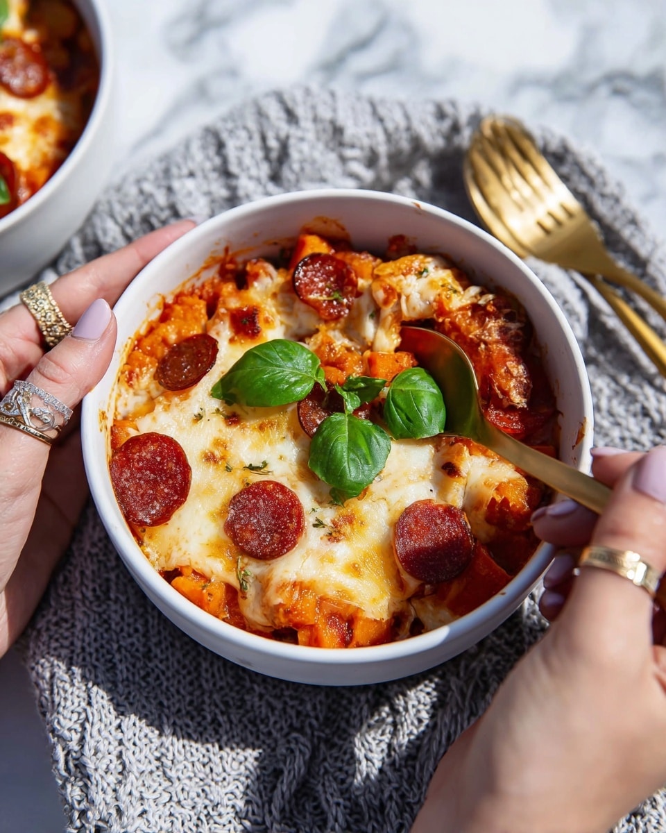 The image shows a bowl with a layered baked dish. The bottom layer is a rich red tomato sauce mixed with chunks of orange sweet potato. On top of this is a thick layer of melted golden-brown cheese, dotted with slices of dark red pepperoni. There are some fresh green basil leaves placed at the center on the cheese layer. The bowl is white, round, and the dish is being held by a woman’s hands with rings, while a woman’s hand with a gold spoon is scooping some food. The bowls sit on a gray knitted cloth on a white marbled surface, and a gold fork is placed nearby. Photo taken with an iphone --ar 4:5 --v 7