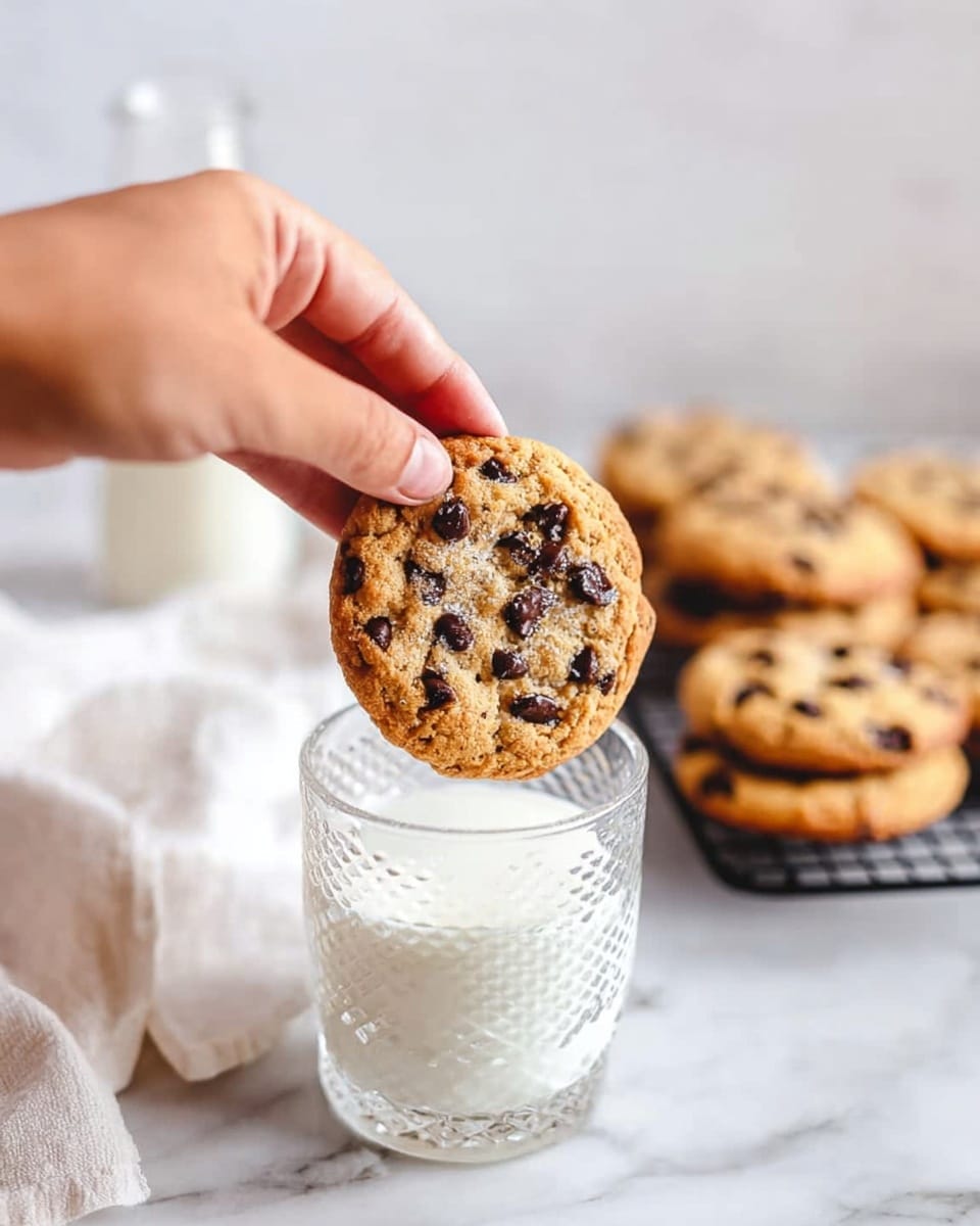 A woman's hand is holding a round chocolate chip cookie above a clear, patterned glass filled halfway with white milk. The cookie is light brown with many dark chocolate chips on its surface, showing a crunchy texture. In the blurred background, several more cookies sit on a black cooling rack. The scene is set on a white marbled surface with a white cloth and a blurry milk bottle in the background. photo taken with an iphone --ar 4:5 --v 7