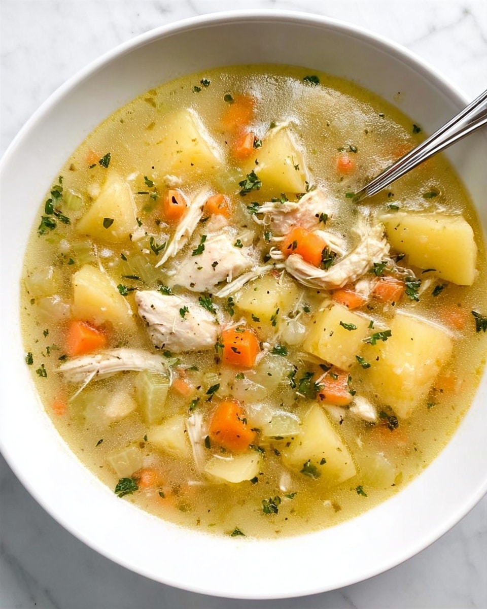 A white bowl filled with thick chicken soup showing large chunks of yellow potatoes and shredded pieces of cooked white chicken meat. The soup has small diced orange carrots and pale celery pieces scattered throughout in a light golden broth, topped with green herb sprigs. A silver spoon rests inside the bowl against the side. The bowl is placed on a white marbled surface. photo taken with an iphone --ar 4:5 --v 7