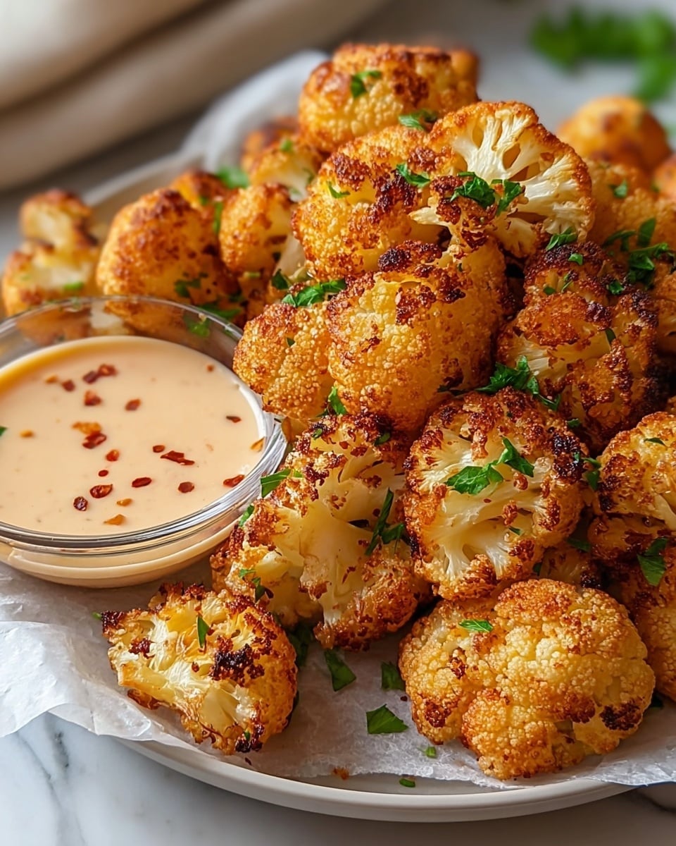 The image shows a white plate filled with golden brown roasted cauliflower florets, each piece with a crispy texture and some parts slightly charred for a crunchy look. The cauliflower has little green parsley leaves scattered on top, adding small pops of green color. The plate is lined with white parchment paper that peeks out underneath the cauliflower. On the side of the plate, there is a small clear glass bowl filled with a smooth, creamy beige sauce with red specks. The dish is placed on a white marbled textured surface, and the background is softly blurred. photo taken with an iphone --ar 4:5 --v 7