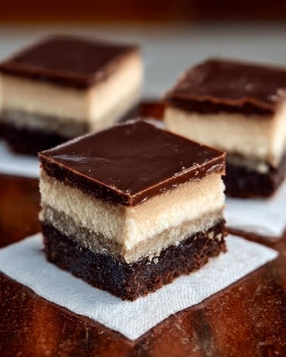 The image shows three pieces of a layered dessert on a dark brown wooden surface with a white marbled texture. Each piece is square-shaped and sits on a small white napkin. The dessert has three layers: the bottom layer is dark brown and looks moist and dense, the middle layer is light beige and creamy, and the top layer is a smooth, glossy dark chocolate brown. The edges are clean and sharp, showing the clear division between each layer. The background is blurred, focusing on the dessert pieces. Photo taken with an iphone --ar 4:5 --v 7