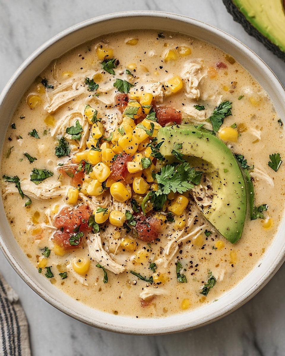 A white bowl filled with creamy soup that has a light beige base with visible small corn kernels and shredded white chicken pieces mixed throughout. On top, there is a layer of bright yellow corn kernels, shredded chicken, small dotted pieces of red tomato, and fresh bright green cilantro leaves, with a single slice of fresh green avocado placed on the side inside the bowl. The soup is lightly sprinkled with black pepper. The scene is on a white marbled surface. photo taken with an iphone --ar 4:5 --v 7