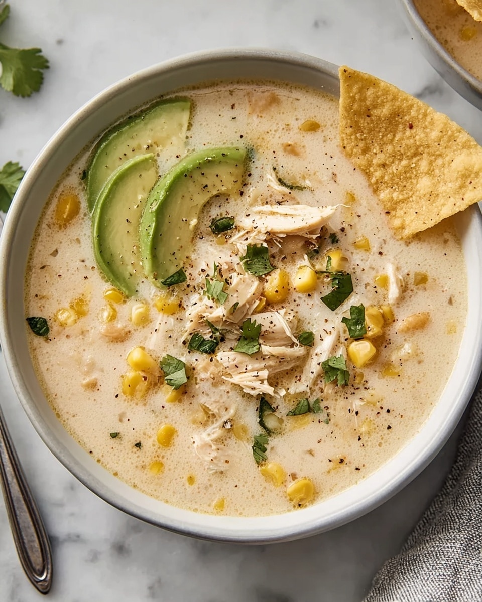 A white bowl filled with creamy soup that has a thick, smooth texture and a light beige color, showing visible pieces of yellow corn and shredded white chicken mixed throughout. On one side of the bowl, there are two slices of fresh green avocado resting on top of the soup. A single large, light-colored tortilla chip is placed upright inside the soup on the right side, adding a crunchy texture contrast. Small green cilantro leaves are sprinkled over the soup, along with a light dusting of black pepper. The bowl sits on a white marbled surface with part of a gray and white cloth napkin visible near it. Photo taken with an iphone --ar 4:5 --v 7