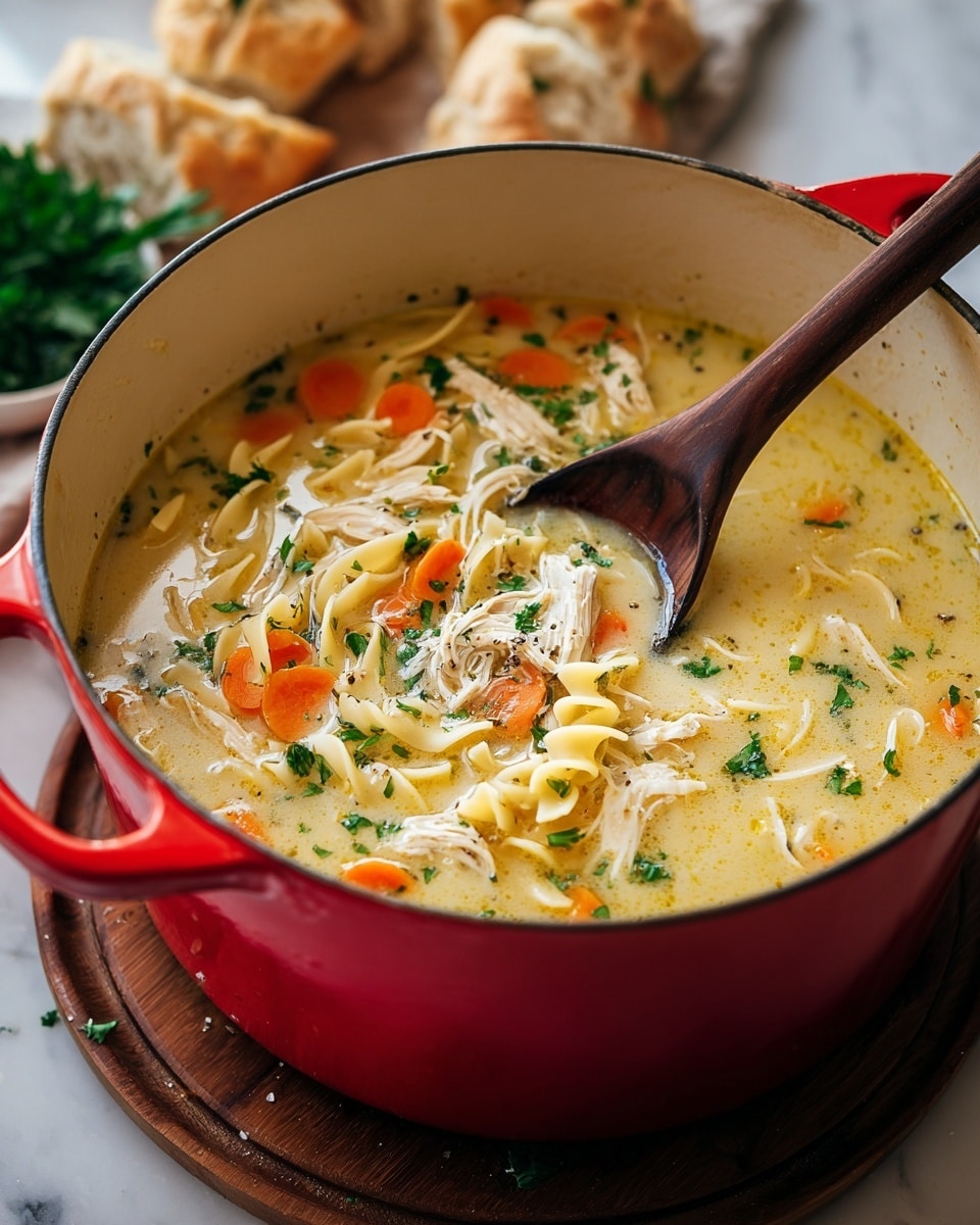 A large red pot filled with creamy chicken noodle soup sits on a wooden board over a white marbled surface. The soup has a light yellow broth with pieces of shredded white chicken scattered throughout. Slices of bright orange carrot and curly egg noodles float in the soup, mixed with small green parsley flakes for garnish. Steam rises gently from the hot soup, and a wooden spoon with a dark brown handle rests inside the pot. Fresh green herbs and a bunch of puffed bread pieces are visible blurred in the background. Photo taken with an iphone --ar 4:5 --v 7