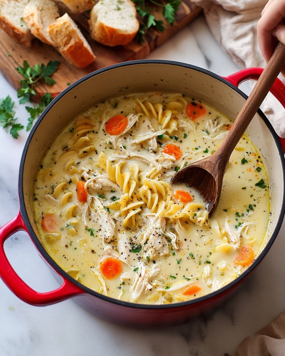 A red pot filled with creamy chicken noodle soup sits on a white marbled surface with a woman's hand holding a wooden spoon inside the pot. The soup has three main layers: the creamy light yellow broth as the base, spiral egg noodles twisted throughout in a pale yellow color, and shredded white chicken pieces scattered on top. Bright orange circular carrot slices add color, along with small flecks of green parsley and black pepper floating on the surface. In the background, there is a wooden board holding torn pieces of bread and green parsley leaves. The scene is warm and inviting. photo taken with an iphone --ar 4:5 --v 7