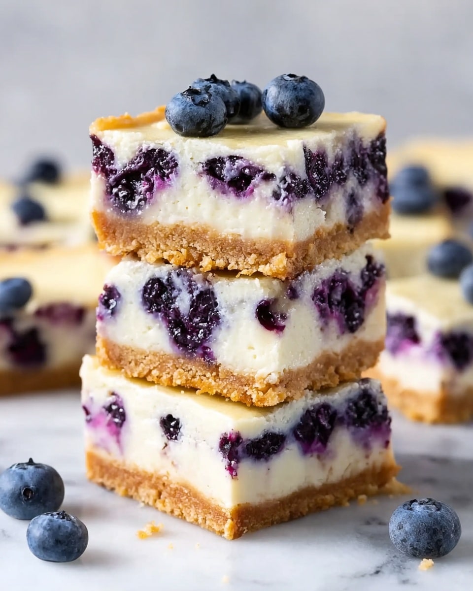 The image shows three square blueberry cheesecake bars stacked on a white plate. Each bar has three clear layers: a golden crumbly base at the bottom, a thick creamy white cheesecake middle with embedded blueberries, and a glossy deep purple blueberry topping with whole blueberries on top. The bars have a smooth texture and the blueberries add a shiny, juicy look. Some loose blueberries and crumbs are scattered on the white marbled surface around the plate. In the background, there is a white bowl filled with more blueberries out of focus. photo taken with an iphone --ar 4:5 --v 7