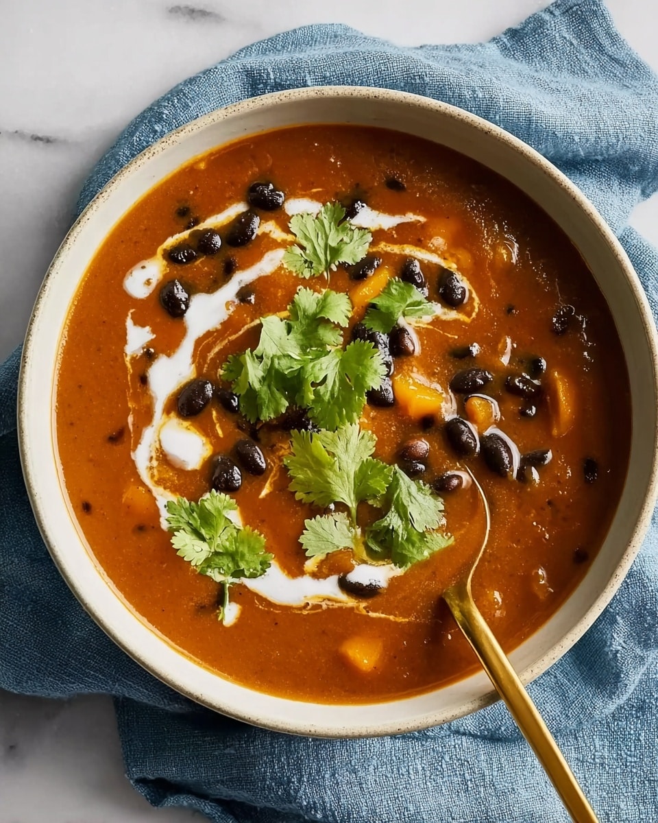 A white bowl filled with thick dark orange soup that has small black beans scattered throughout. There are visible chunks of soft yellow and translucent vegetables inside the soup. On top, there are small swirls of creamy white sauce and bright green fresh cilantro leaves placed in the center. A gold spoon rests inside the bowl on the right side, partially submerged in the soup. The bowl is set on a soft blue cloth over a white marbled surface. Photo taken with an iphone --ar 4:5 --v 7